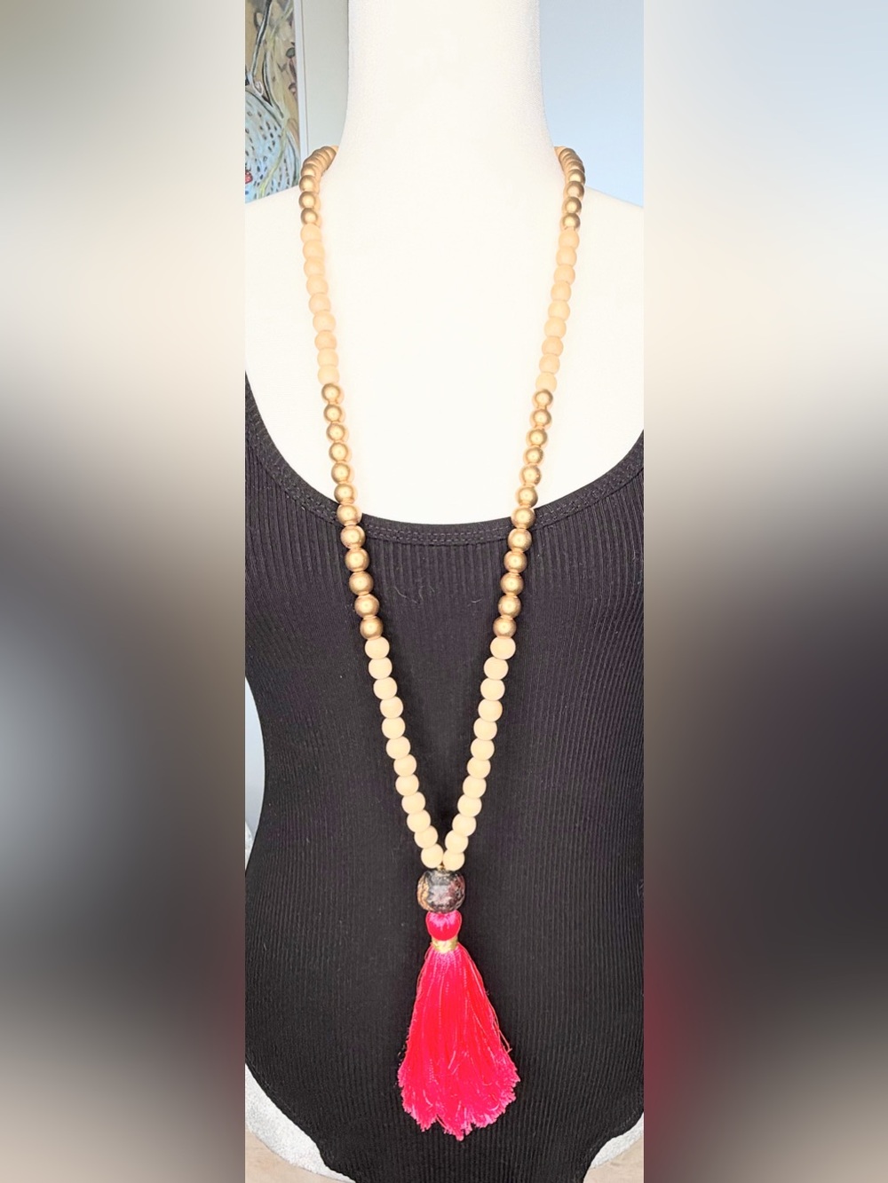 Boho Wood Bead Tassel Necklace Long Pink Gold Statement Necklace 24”